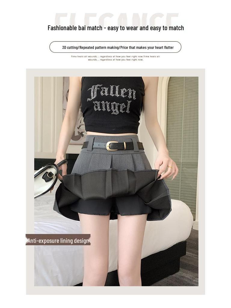 2025 Gray High-Waisted Academy Style Petite Pleated Summer Skirt