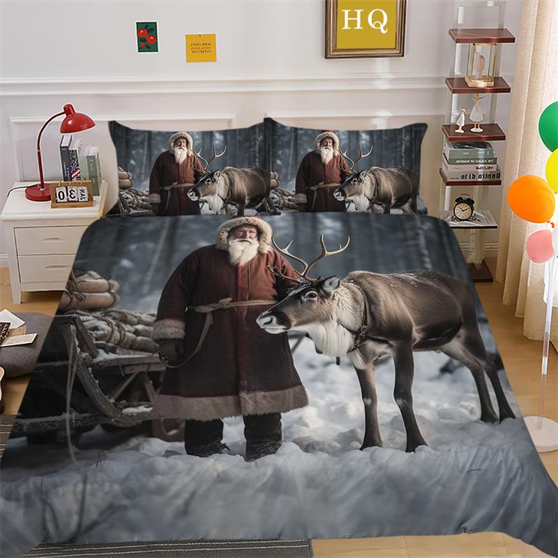 Jultomte Älg 3D-printad Polyester Kuddfodral Täcke Överdrag Två Eller Tre Delars Set