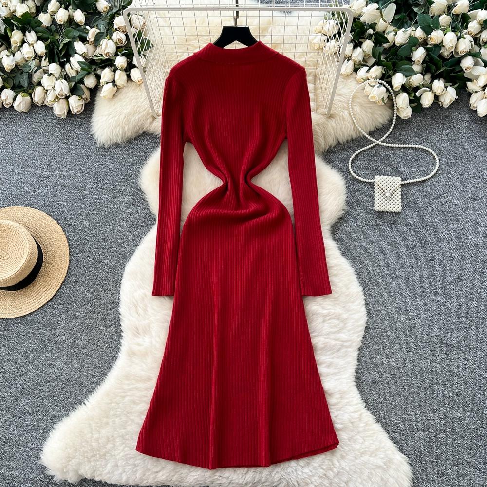 Autumn Winter Women Casual Turn-down Collar Knitted Sweater Long Midi Red Pullover Dresses