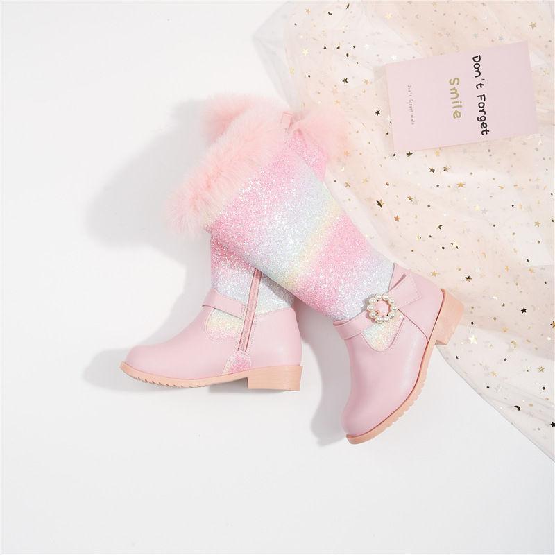 2025 New Autumn Winter Girls Rainbow Princess Fashion Children Pink Boots Knee Length Boots Plush Fur Girls Shoes
