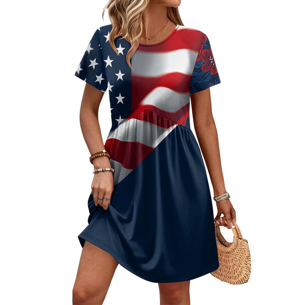 Women's Short Sleeve Floral Print Casual Dress Round Neck Waist Tie with Pockets Lightweight Summer Dress
