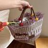 2023 Handmade Woven Straw Bucket Bag: Cute Picnic Basket with Tassel and Wood Bead Decoration