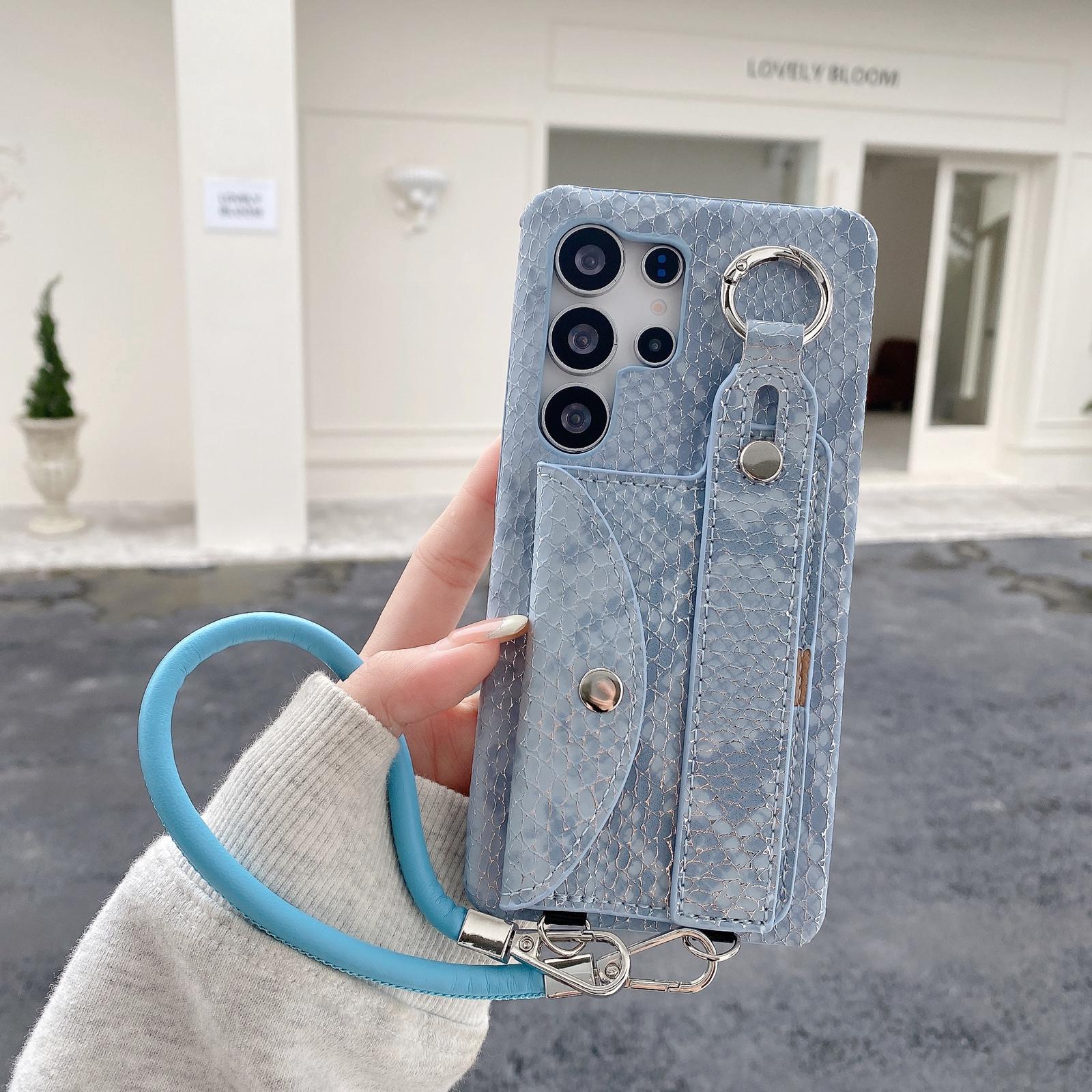 

Чехол для Samsung Galaxy S25 Ultra с держателем для карт и ремешком на запястье, лакированная текстура змеи, задняя крышка из ПУ+ПК со шнурком Blue