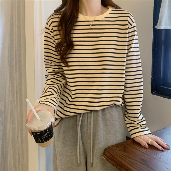 In Stock Loose Slim Versatile Black White Stripe Base Layer Thin Round Neck Long Sleeve Tee Women