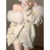 2026 Winter Korean-Style Slimming Set: Fur Collar One-Shoulder Long Sleeve Cardigan with Shorts
