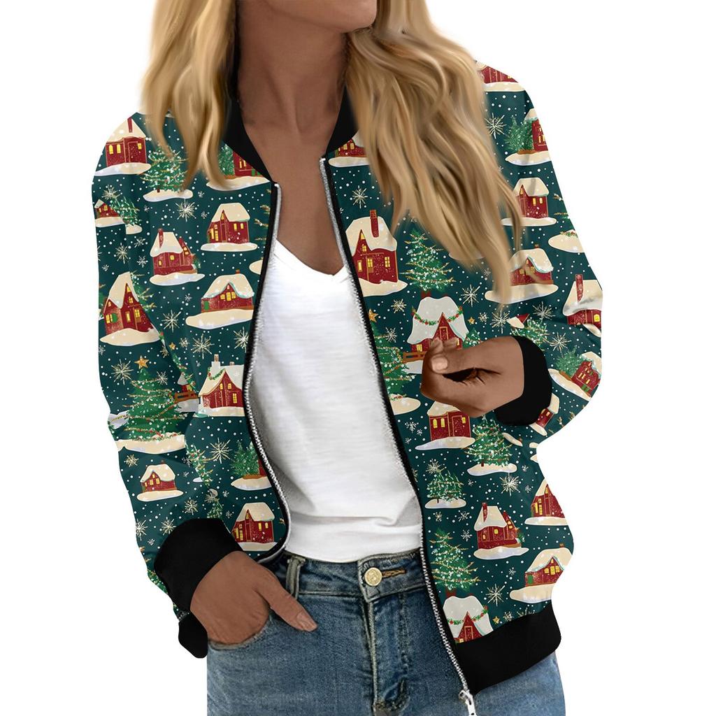 Jacken für Damen, langärmelig, leicht, mit Reißverschluss, bedruckte Oberbekleidung, lässige Steppjacken mit Taschen