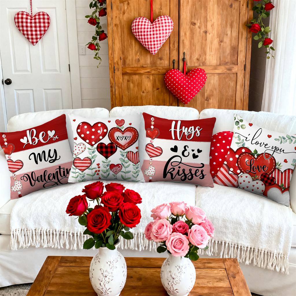 4pcs Valentine's Day Throw Pillow Covers Be My Valentine Stripe Heart with Leaf Designs, Zip Closure, Anniversary, Wedding, Party Cushion Case