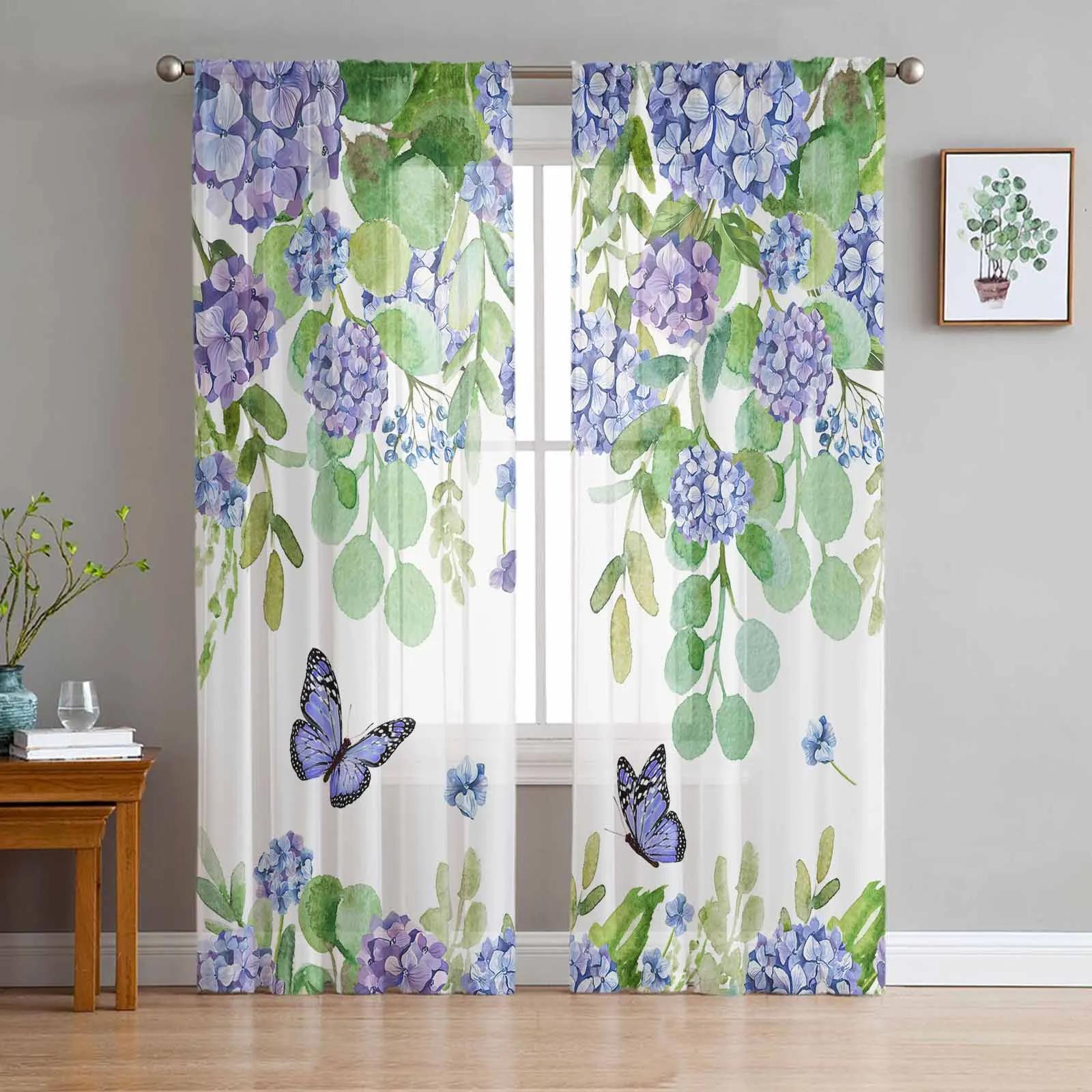 

Flower Butterfly Blue Sheer Drapes Living Room Window Netting Curtains For Bedroom Kitchen Home Ornamentation Voile Drapes W135 x H115cm x1&Rod Pocket