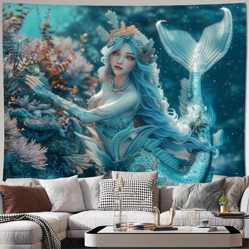 

D Blue Mermaid Princess Tapestry, Sea World Aesthetic Wall Art for Room Aesthet 47.2x31.5inch/120*80cm