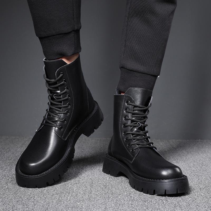 Men's British Style Chelsea Motorcycle Boots - Height-Enhancing, Plus Velvet Mid-High Top Leather Footwear