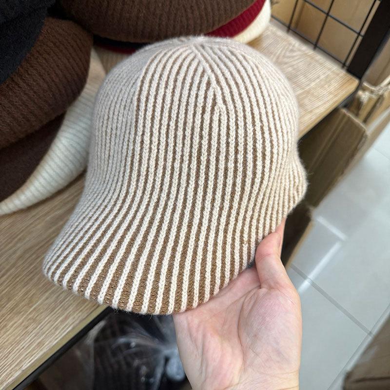 Knitted Striped Wool Cap Wool Blended Cap Casual Versatile Baseball Cap Autumn and Winter Warm Knitted Women