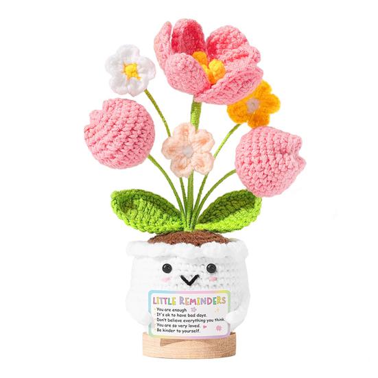Regalos de Agradecimiento Positivos de Ganchillo Tulipán Flor Silvestre para Mujeres Mamá Amigas Muñeca de Flor en Maceta Hecha a Mano con Tarjeta Regalo de Apoyo Emocional para el Día de la Madre