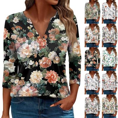 Women's T Shirt Tee Print Button  3/4 Sleeve Daily Weekend Fashion Basic V- Neck Regular Top