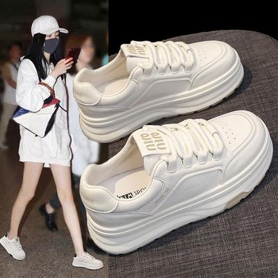 Leather White Shoes Women's Shoes Spring and Autumn New Thick Bottom Hight Increasing Board Shoes Casual Sneaker Summer Breathable Shoes