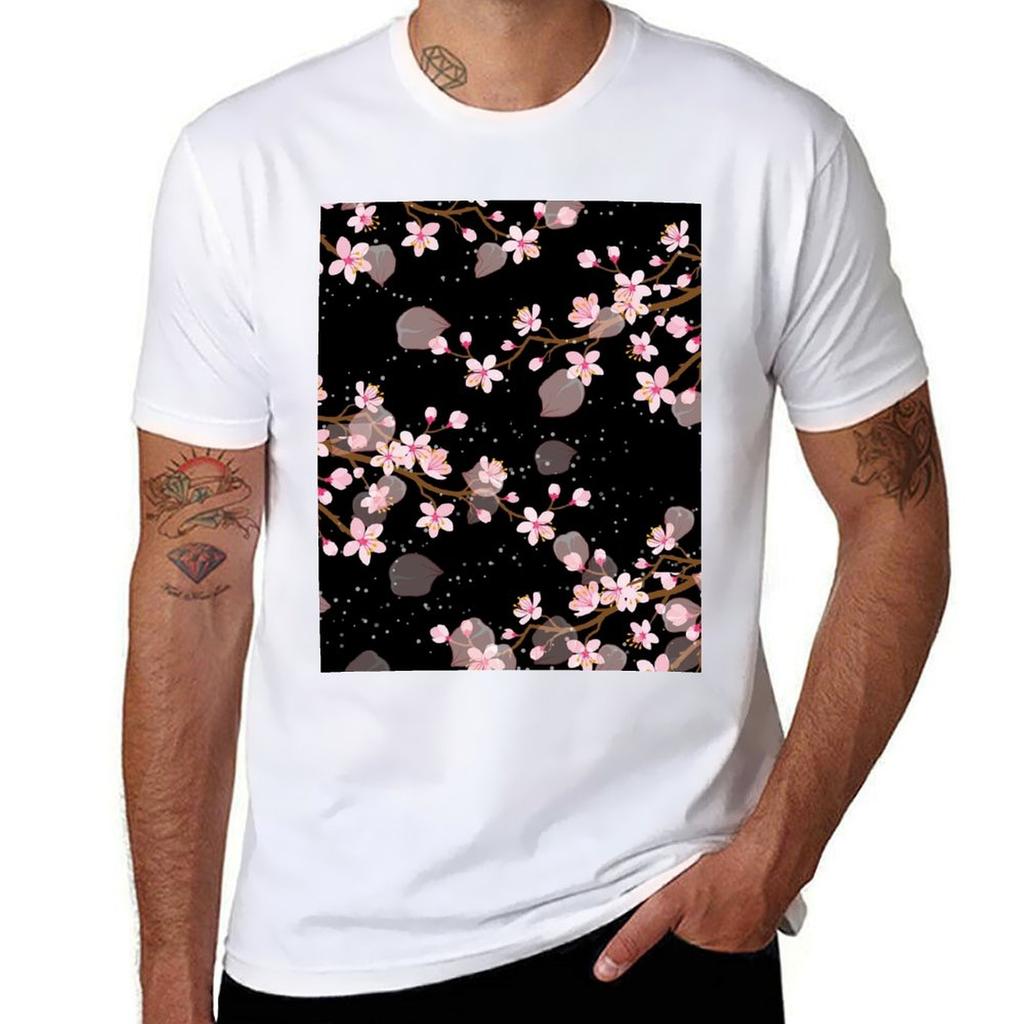 White And Pink Japanese Cherry Blossom Floral Seamless Repetition Pattern On Black TShirt