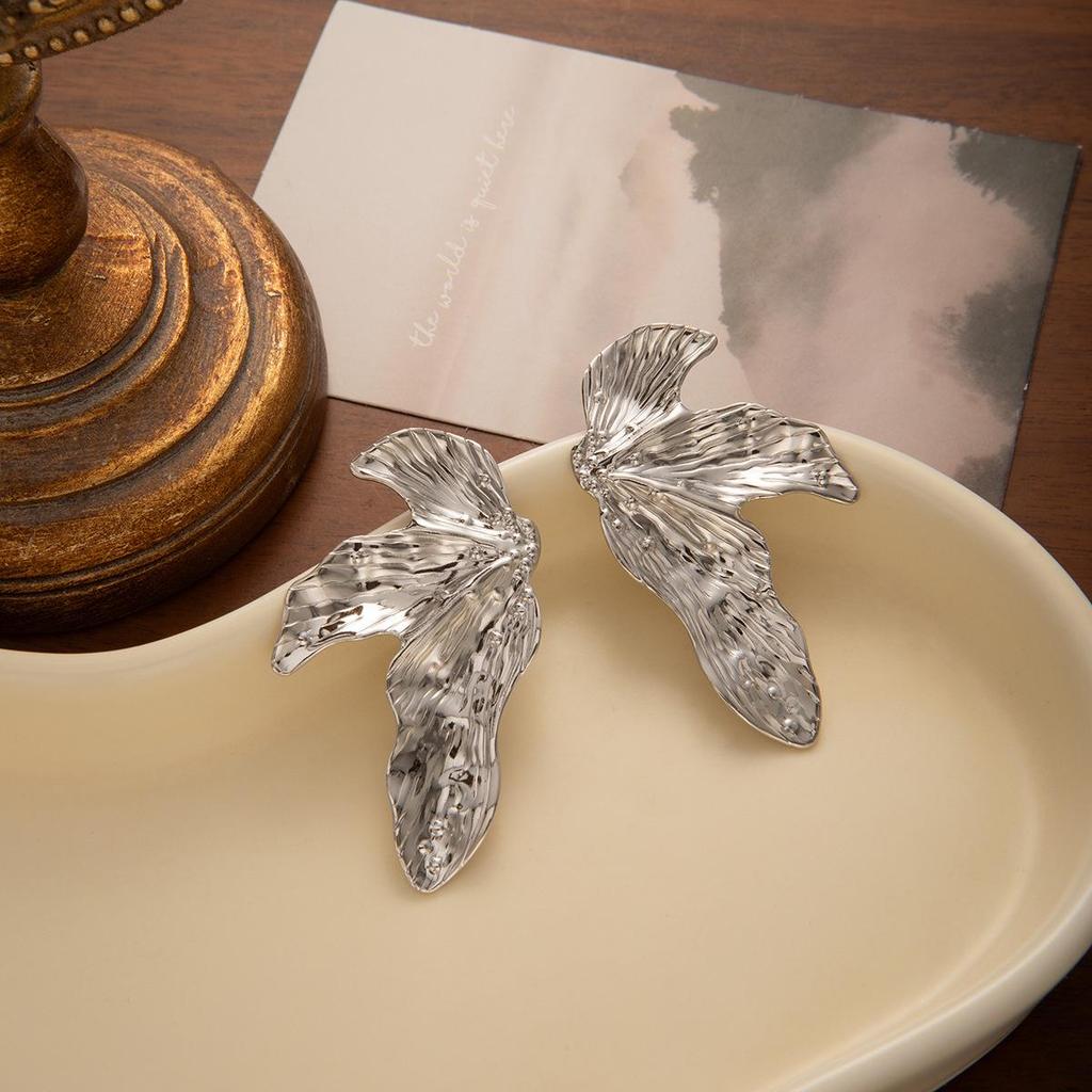Exaggerated Metal Leaf Texture Earrings: Irregular Pleated High-End Fashion Studs for Women