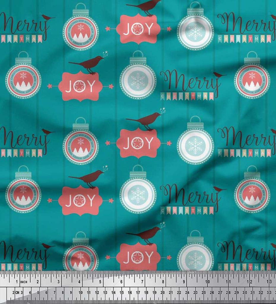 Soimoi Grey Japan Crepe Satin Fabric Bird,Stripe & Baubles Christmas Print Fabric by the metre 42 Inch