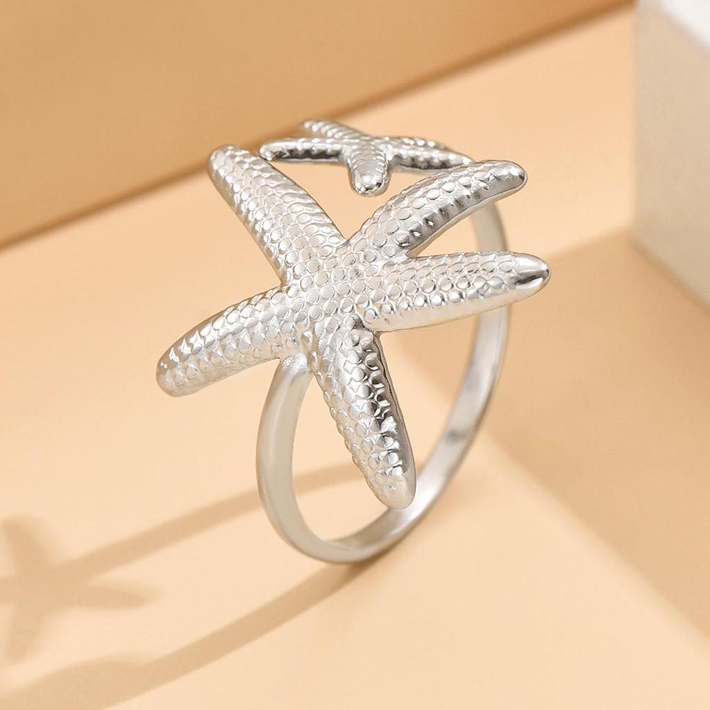 Stainless Steel Open Ring with Starfish Design - Women's Bohemian Beach Vacation Accessory