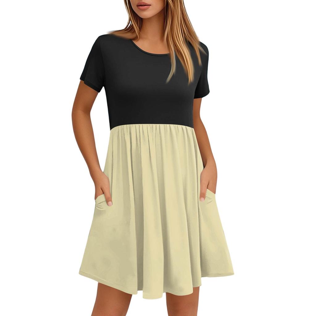 Women's Fashion Casual Loose Round Neck Short Sleeve Colour Block Pocket Dresses