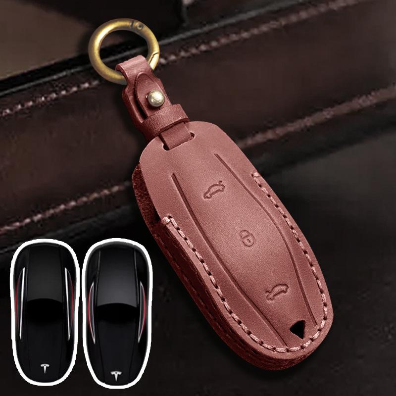 

Самая продаваемая кожаная сумка для ключей ручной работы для Tesla Model 3/Y, чехол для ключа коричневый