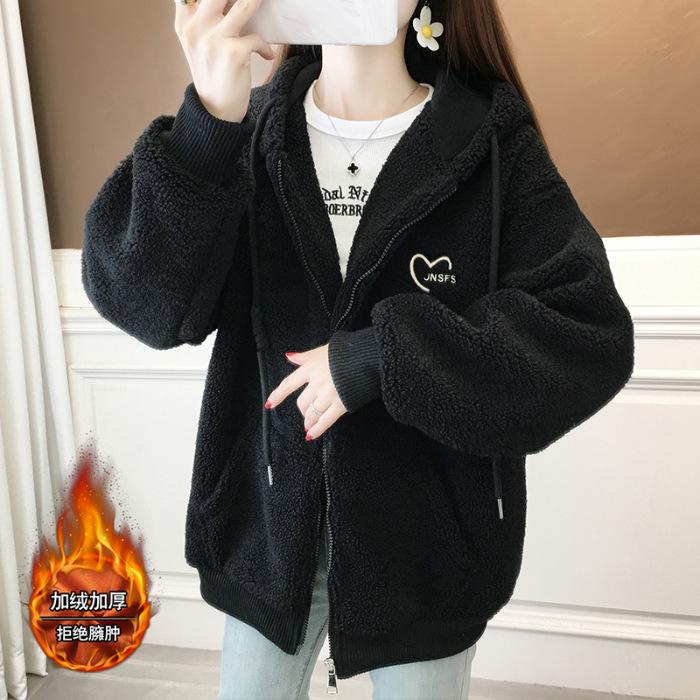 Spot fleece thickened lamb wool sweater jacket women s 2025 autumn and winter new hooded cardigan top tide #2165 2XL