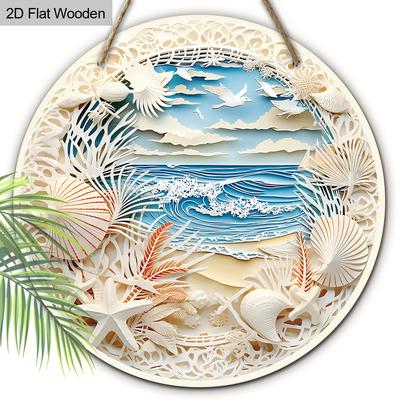 Wooden Classic Seaside Theme Round Sign, 2D Flat Wall Hanging Decor, Manufactured Wood, Multipurpose Home & Garden Decoration, for Door, Wall, Home
