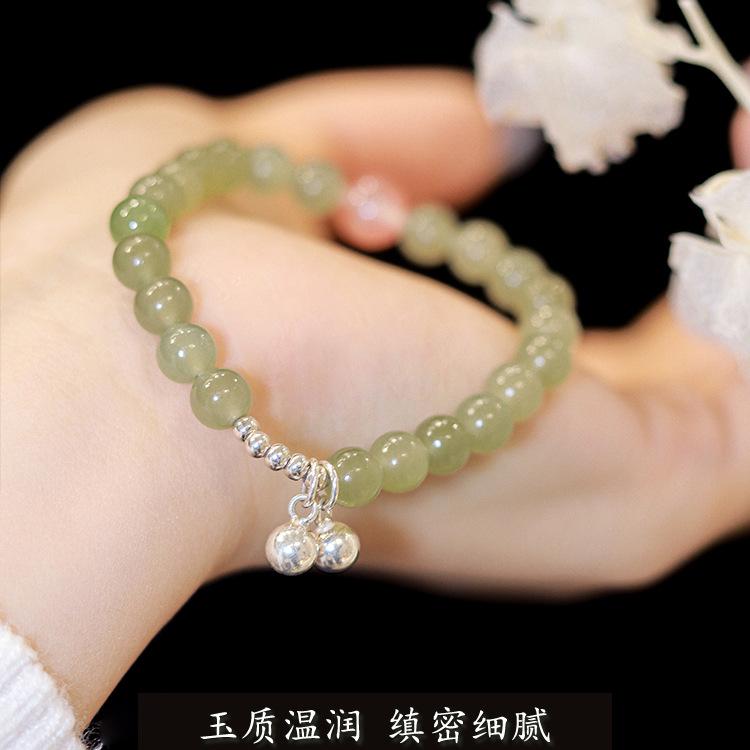 Natural Hetian Jade Bracelet with Fresh Style and Pure Silver Bells