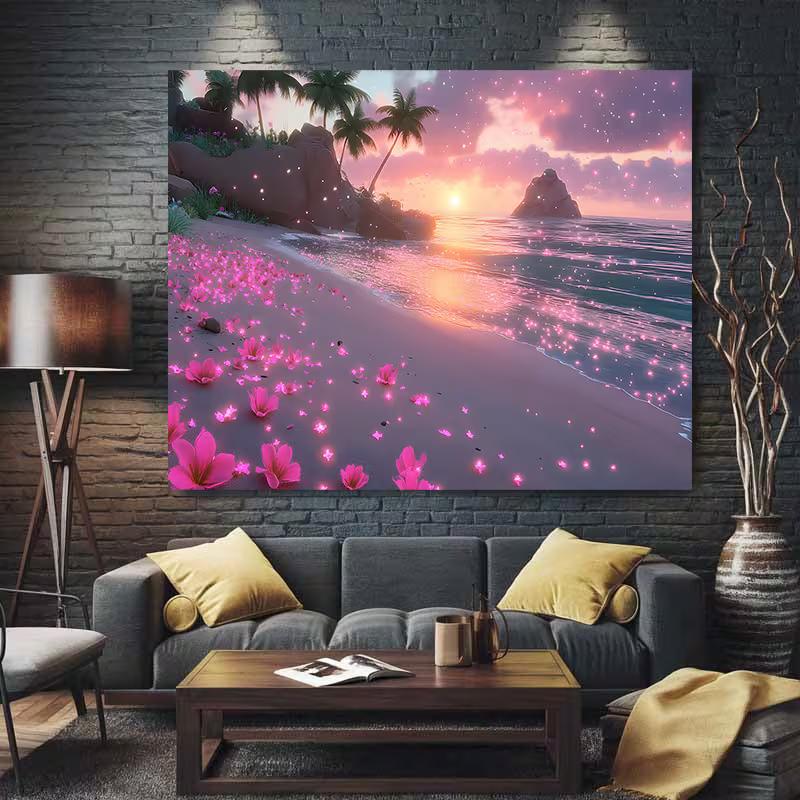 Dreamy Pastel Beach Tapestry, Enchanted Sunset Shore with Pink Petals and Sparkling Waves, Whimsical Coastal Wall Art