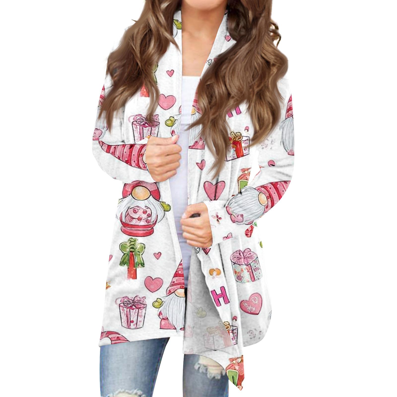 

Женский модный кардиган свободного кроя в стиле кэжуал с рождественским принтом, пальто средней длины L розовый