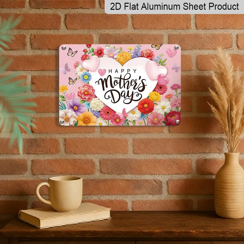 2D Flat, 1pc "Happy Mother's Day" Floral Plaque, 12"×8" - Pink Heart & Flower Decor Sign, Multicolor - Aluminium Wall Hanging Decoration for Home