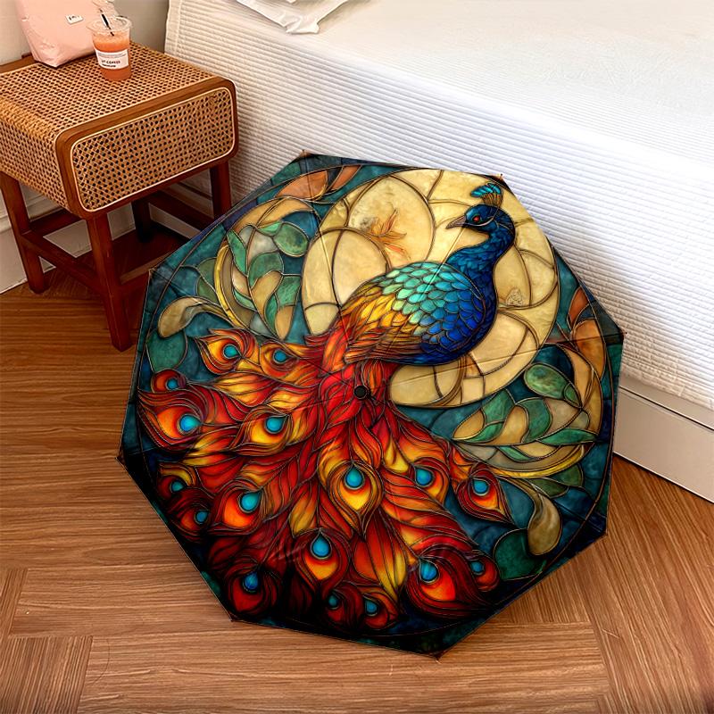 0106 Glass Window Peacock  pattern, automatic folding umbrella, portable and foldable design, 8 ribs, a Christmas or birthday gift.