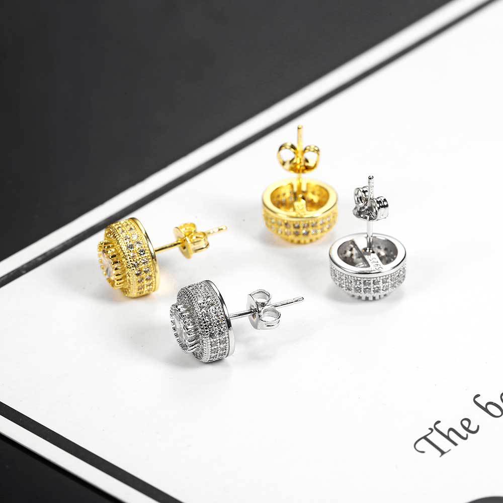 Pendientes Redondos de Circonita Completa Hip-Hop Joyería de Nicho de Alta Gama Aguja de Plata 925 Pendientes para Hombre