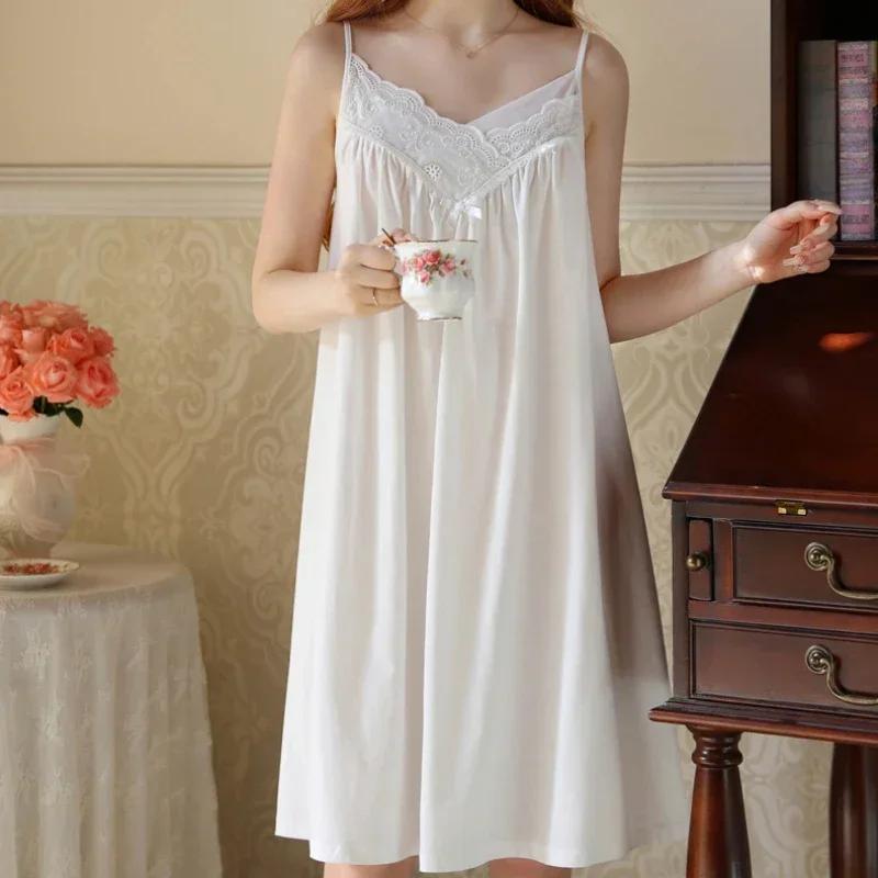 

Vintage Solid Sleepwear Adjustable Lace Sleeveless Nightgown For Women Backless V Neck Casual Nightdress XL білий