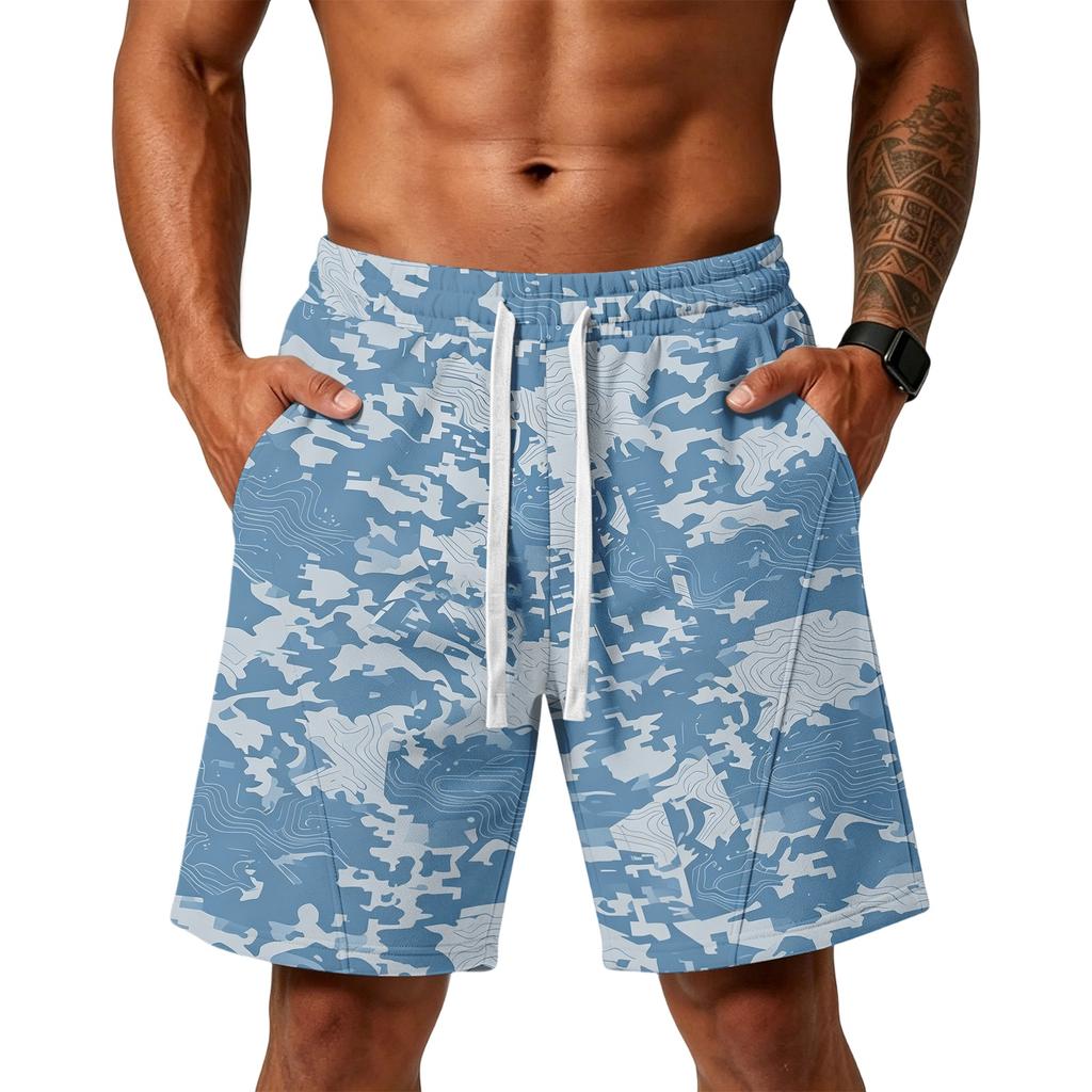 Herren lockere Camouflage-Print Sportshorts mit Taschen für Fitnessstudio Training Laufen Strandbekleidung Kordelzug Taille