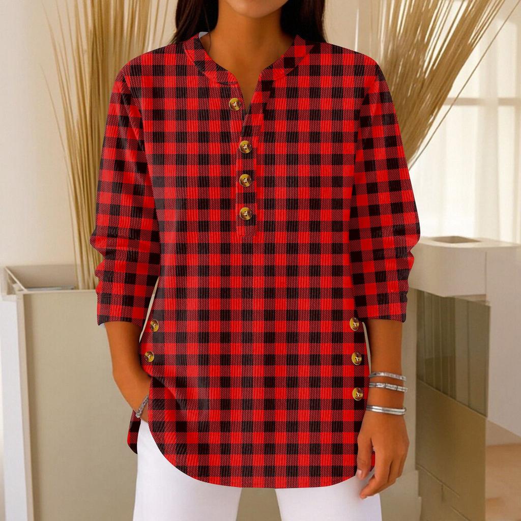 Women's Fashionable Button Collar Long-sleeved Christmas Print Pullover Top