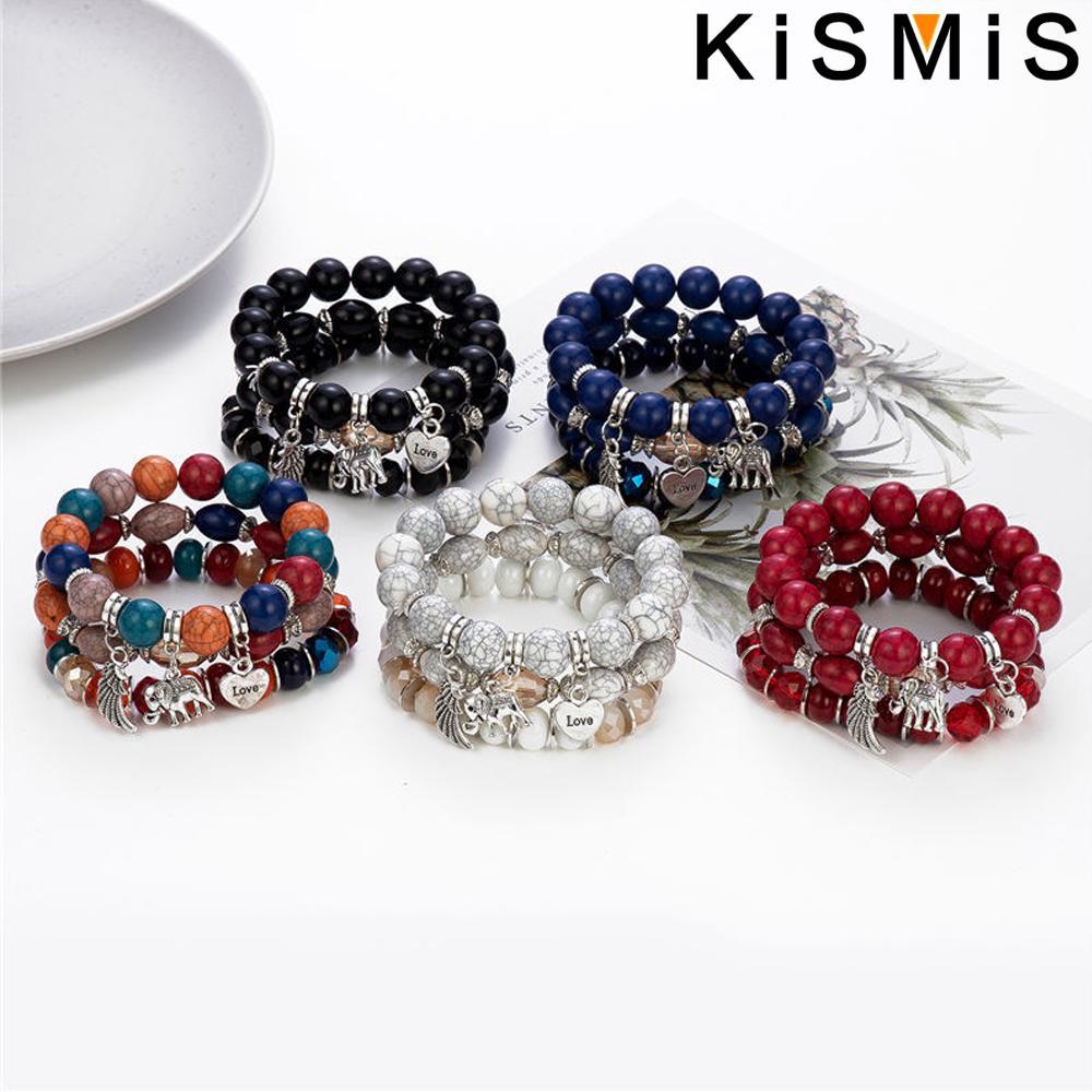 3Pcs Layered Boho Bracelets Set Stackable Stretch Bead Bracelet with Elephant Heart Charm for Women Fashion Jewelry