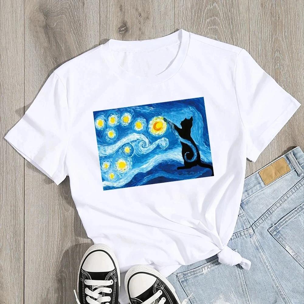 Van Gogh Gwieździsta Noc Kot w Druku Odzież Damska T-shirt Estetyczny Wzór Bawełna Krótki Rękaw Poliester Damski T-shirt