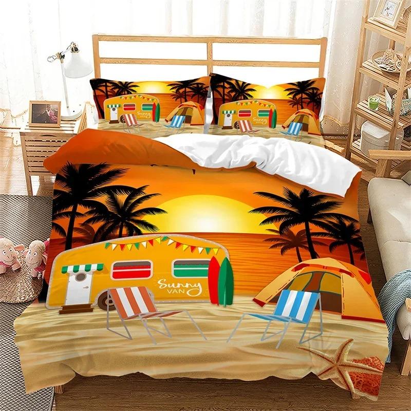 Happy Camping Duvet Cover Microfiber Camping Travel Car Tree Bedding Set Camper Comforter Cover Twin Queen For Boys Girls Teens
