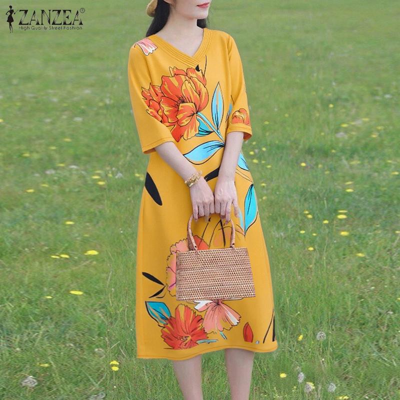 ZANZEA Women Casual V-Neck Loose 3/4 Sleeve Floral Print Dress