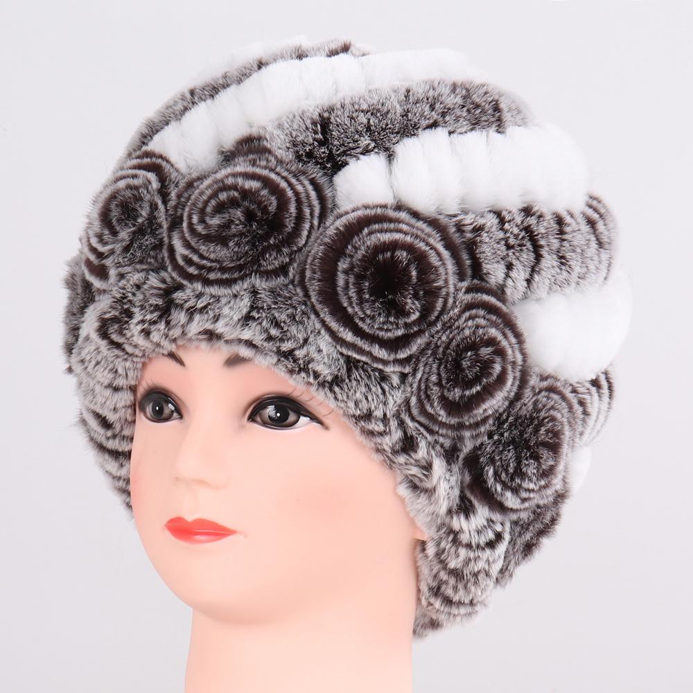Hot Sale Winter Women Flower Striped Natural Real Fur Hats Lady Warm Knit Genuine Rex Rabbit Fur Caps Outdoor Fur Beanies Hats