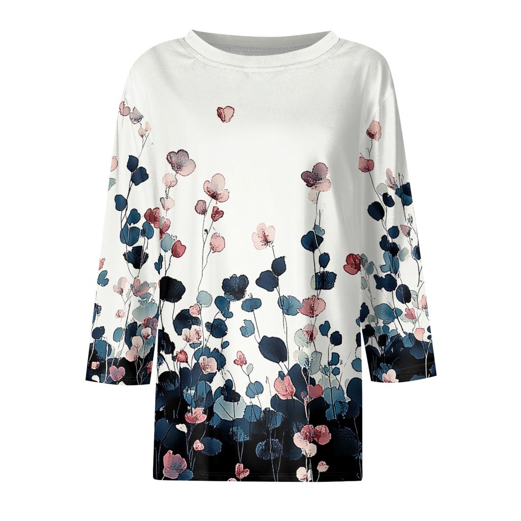 Women's Fashion Casual Round Neck 3/4 Sleeve Loose Printed T-Shirt Ladies Top