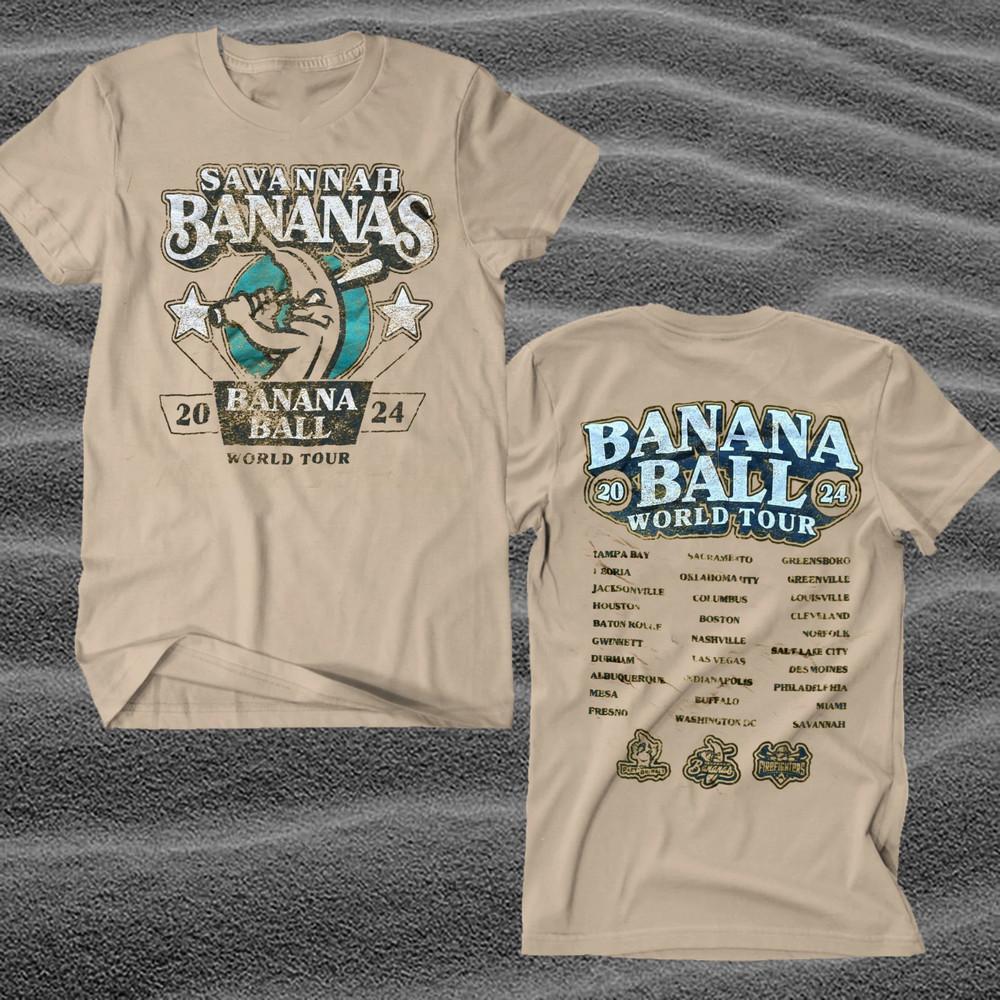 

Savannah Bananas World Tour 2024 Double Sided T Shirt Full Size S-5XL Unisex T-Shirt S