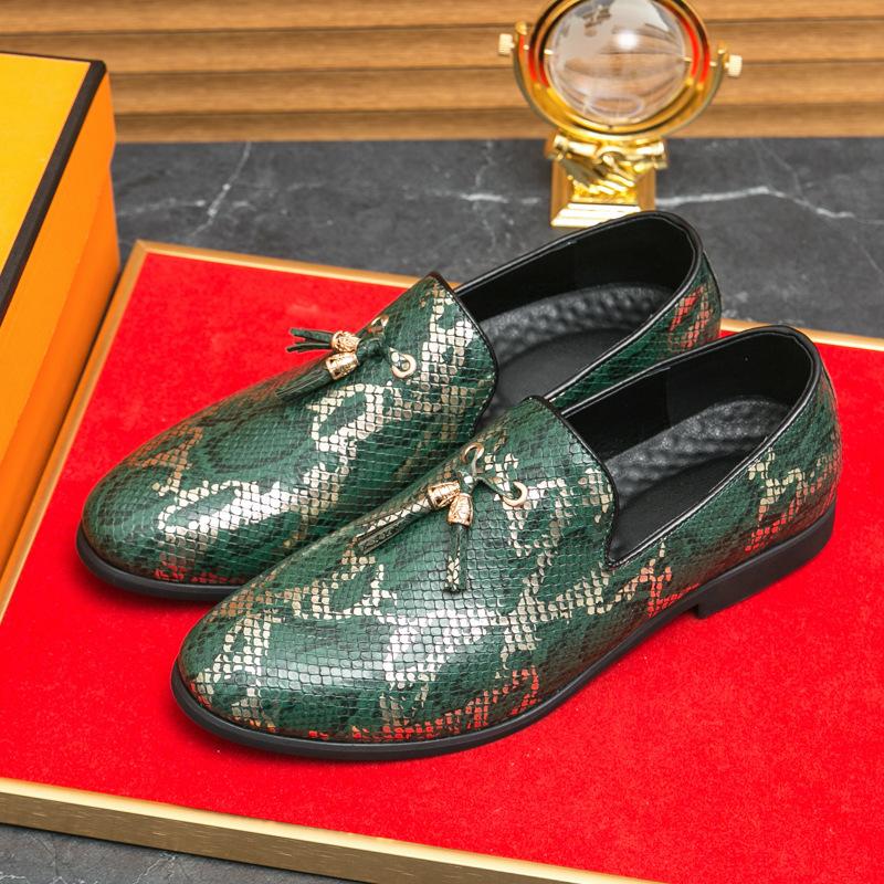 Large size men's feet, fringed pointed leather shoes, dress casual shoes, snake pattern loafers, British style men's shoes