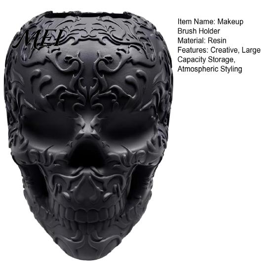Creative Desktop Accessories Halloween Skull Makeup Brush Holder, Matte Black Gothic Skeleton Pen Organizer Resin Cup for Desk, Storage Figurine
