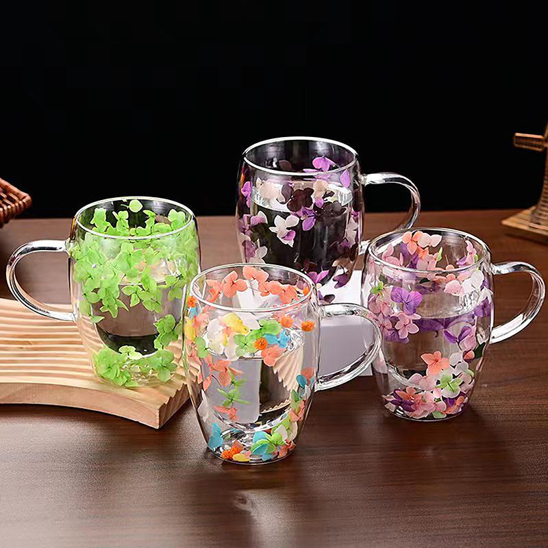1 taza para té y café de vidrio de borosilicato de alta calidad Ins Trends, taza con flores secas y flores, taza de vidrio de doble pared resistente al calor simple