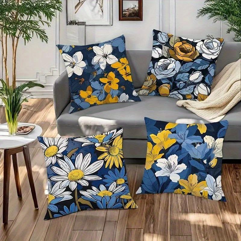 Navy Blue & Yellow Floral Pillowcase - Vibrant Botanical Print Pillow Cover for Sofa Bedroom Living Room