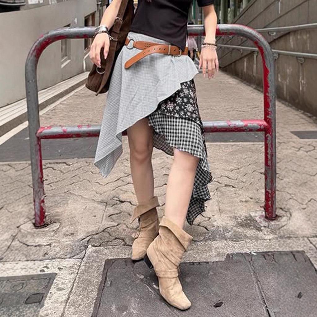 Y2K Style Plaid & Floral Low-Waist Ruffled Skirt