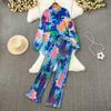 Womens Chiffon Long Sleeve Button-Up Top High-Waist Wide Leg Pants Set Tie-Dye Print Sweet Casual Outfit