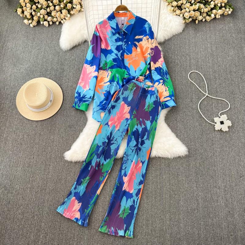 Womens Chiffon Long Sleeve Button-Up Top High-Waist Wide Leg Pants Set Tie-Dye Print Sweet Casual Outfit