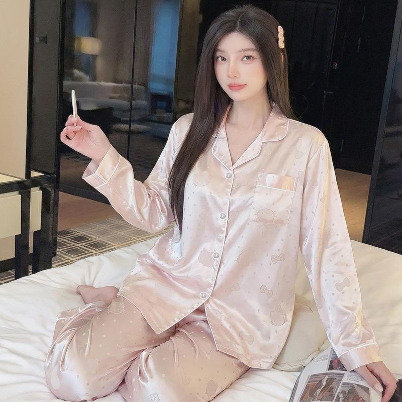 French Girl Ice Silk Pajamas Women'S Spring And Summer Thin Long-Sleeved Trousers Jacquard Sweet Wind Silk Loungewear Can Be Worn Outside